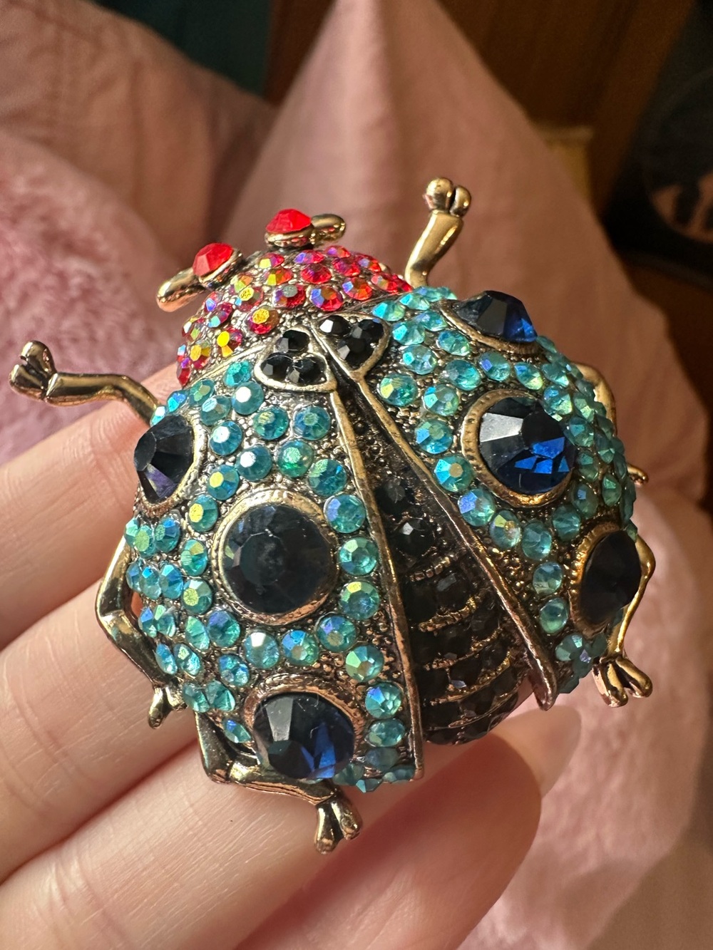 Gold Tone Iridescent Jeweled Beetle Brooch